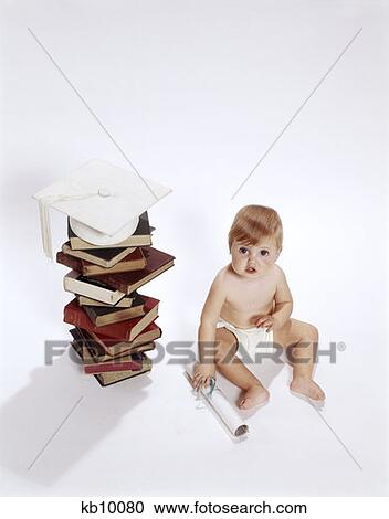 1970S Baby Sitting Stack Books Mortar Board Holding Diploma College Education View Large Photo Image Stock Image - 1970S Baby Sitting Stack Books Mortar Board Holding Diploma College Education. Fotosearch