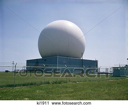 Stock Image - 1970S Exterior Factory Plant Industrial Building Surrounded By Chain Link Fence Radar Dome Satellite Radio Communication. Fotosearch