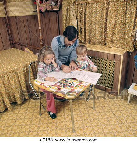 1970S Father And Children Coloring At Table View Large Photo Image Stock Image - 1970S Father And Children Coloring At Table. Fotosearch