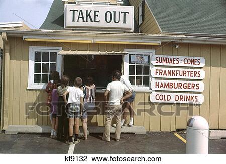 1970S Group Of People At Take Out Fast Food Counter Window Sundaes Cones Cold Drinks Hamburgers Frankfurters Outdoor View Large Photo Image Stock Image - 1970S Group Of People At Take Out Fast Food Counter Window Sundaes Cones Cold Drinks Hamburgers Frankfurters Outdoor . Fotosearch