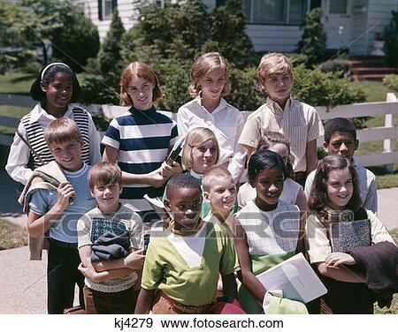 1970S Group Portrait Of Elementary Age Schoolchildren Ethnic Mix White African-American Boy Girl View Large Photo Image Stock Photo - 1970S Group Portrait Of Elementary Age Schoolchildren Ethnic Mix White African-American Boy Girl . Fotosearch