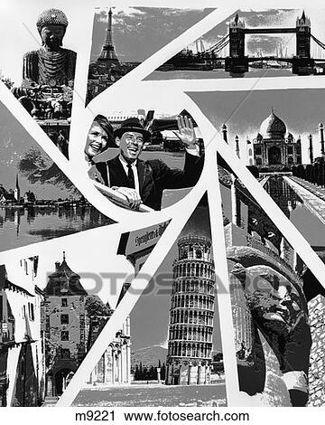 Stock Image - 1970S Line-Tone Montage Of World Travel Images In Each Triangular Panel Of Camera Shutter With Couple At Airport In Center. Fotosearch