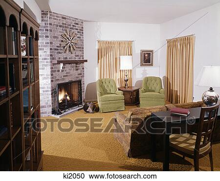 Stock Image - 1970'S Living Room Interior Fireplace Inside. Fotosearch