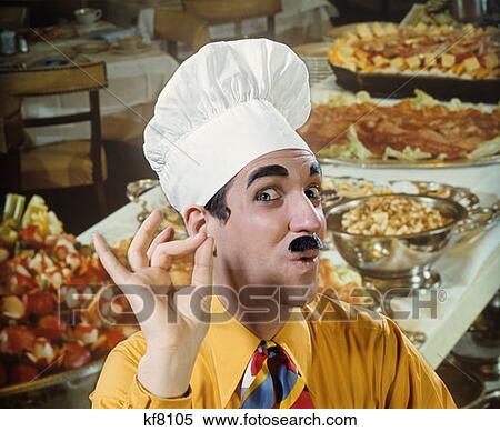 1970S Man In Chef Hat Toque Make Okay Gesture Silly Expression Funny Eyes Brow Moustache Character Buffet Backdrop View Large Photo Image Stock Photography - 1970S Man In Chef Hat Toque Make Okay Gesture Silly Expression Funny Eyes Brow Moustache Character Buffet Backdrop. Fotosearch