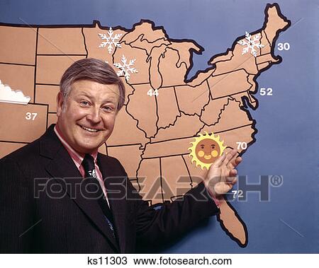 1970S Meteorologist In Front Of Weather Map With Outlook Icons Nostalgia Man Occupation Television View Large Photo Image Stock Image - 1970S Meteorologist In Front Of Weather Map With Outlook Icons Nostalgia Man Occupation Television. Fotosearch