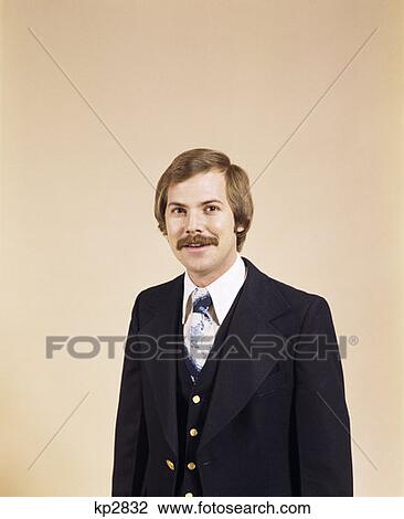 Stock Image - 1970S Smiling Man Moustache Business Suit Waist Up . Fotosearch