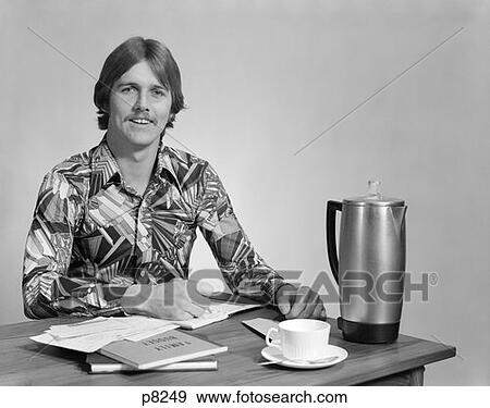 1970S Smiling Portrait Male With Sparse Mustache & Hair Parted In Middle Wearing Wild Geomtric-Patterned Polyester Shirt View Large Photo Image Stock Photo - 1970S Smiling Portrait Male With Sparse Mustache & Hair Parted In Middle Wearing Wild Geomtric-Patterned Polyester Shirt . Fotosearch