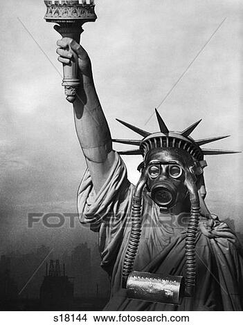 Picture - 1970S Statue Of Liberty Wearing Gas Mask With Polluted City Skyline In Soft Focus In Background . Fotosearch