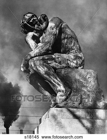 1970S Statue Of Rodin'S Thinker Wearing Gas Mask With Smoke Stacks Billowing In Background View Large Photo Image Stock Photography - 1970S Statue Of Rodin'S Thinker Wearing Gas Mask With Smoke Stacks Billowing In Background . Fotosearch