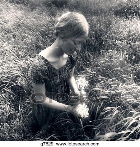 1970S Woman In Field Of Waist-High Grass Picking Queen Anne'S Lace View Large Photo Image Stock Photo - 1970S Woman In Field Of Waist-High Grass Picking Queen Anne'S Lace . Fotosearch