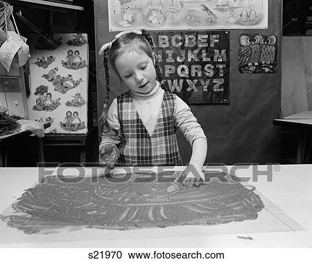 1980S Little Girl With Braids Wearing Plaid Jumper Finger Painting In Class View Large Photo Image Stock Image - 1980S Little Girl With Braids Wearing Plaid Jumper Finger Painting In Class . Fotosearch