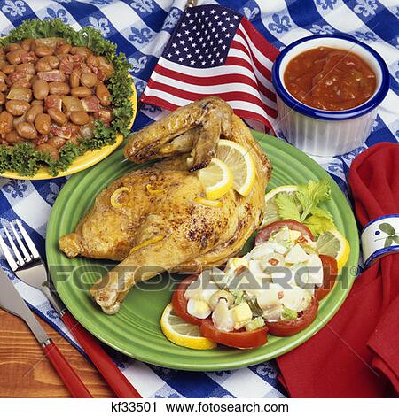 4Th Of July Picnic With Bbq Chicken Baked Beans And Potato Salad View Large Photo Image Stock Image - 4Th Of July Picnic With Bbq Chicken Baked Beans And Potato Salad. Fotosearch