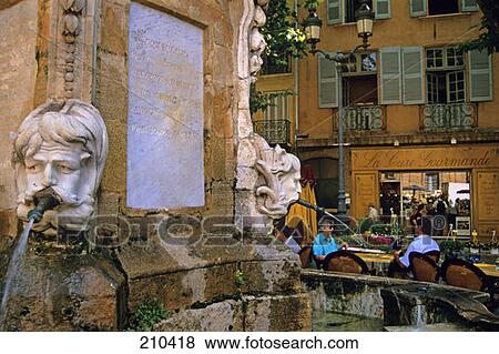 Stock Photo - Aie En Provence France Fountain By Sidewalk Cafe . Fotosearch