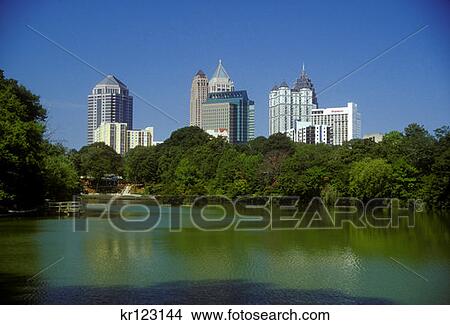 Atlanta Ga Midtown Skyline Seen From Lake Clara Meer In Piedmont Park  View Large Photo Image Picture - Atlanta Ga Midtown Skyline Seen From Lake Clara Meer In Piedmont Park . Fotosearch
