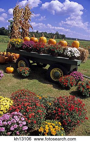 Autumn Harvest Display At Roadside Produce Market Wagon With Flowers Pumpkins And Bales Of Hay View Large Photo Image Stock Photograph - Autumn Harvest Display At Roadside Produce Market Wagon With Flowers Pumpkins And Bales Of Hay . Fotosearch