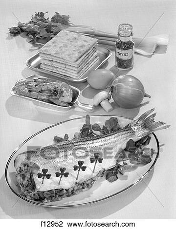 Stock Image - Baked Fish Shamrock Dinner Retro. Fotosearch