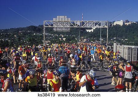 Stock Photo - Bicyclists Marquam Bridge Providence Bridge Pedal Portland Oregon . Fotosearch