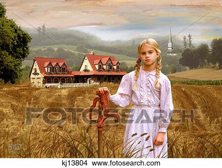 Blonde Girl With Braids In Hair Wearing Flowered Dress Standing By Water Pump In Wheat Field Painted Background View Large Photo Image Picture - Blonde Girl With Braids In Hair Wearing Flowered Dress Standing By Water Pump In Wheat Field Painted Background . Fotosearch