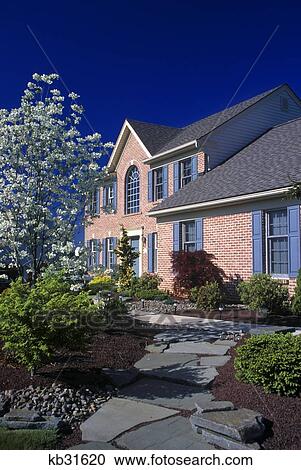 Brick House With Front Walkway View Large Photo Image Stock Image - Brick House With Front Walkway . Fotosearch