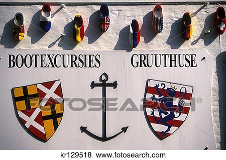 Bruges Belgium Painted Wooden Shoes Display On Canal Boat View Large Photo Image Stock Photo - Bruges Belgium Painted Wooden Shoes Display On Canal Boat . Fotosearch