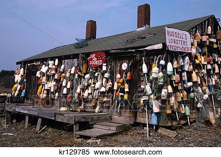 Stock Photography - Cape Neddick Me Lobster Buoys On Side Of Lobster Shack . Fotosearch