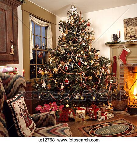 Christmas Tree Fireplace Stocking Presents Wing Chair View Large Photo Image Stock Photo - Christmas Tree Fireplace Stocking Presents Wing Chair. Fotosearch