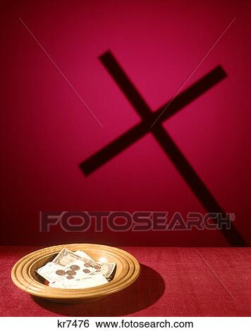 Stock Photograph - Collection Plate Silohuette Cross Purple Background Money Dollars Cents Coins . Fotosearch