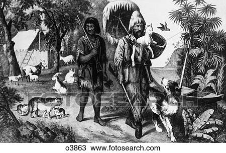 Stock Image - currier & ives ™ ™ Illustration Robinson Crusoe & Man Friday From The Book By Daniel Defoe 1874 . Fotosearch