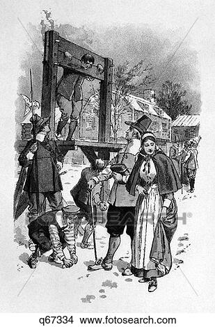 Picture - Drawing Of Man In Pillory As Pilgrim Couple Walks By 1600S Boys Throw Dirt Man Stands Guard Shame Punishment Ridicule. Fotosearch