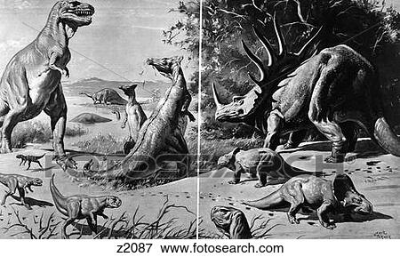 Stock Photo - Drawing Of Various Dinosaurs & Reptiles In The Gobi Desert Extinct Jurassic Large Gigantic Monsters Cretaceous Era . Fotosearch