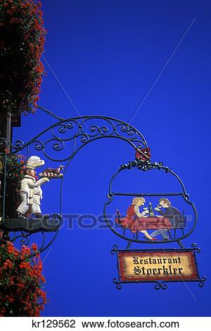 Stock Image - Eguisheim Haut Rhin France Restaurant Sign . Fotosearch