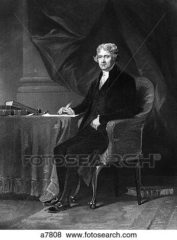 Stock Photo - Engraved Portrait Of Thomas Jefferson Seated At Table Writing With Quill Pen . Fotosearch