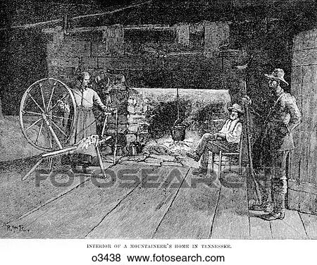 Engraving 1800S Interior Of Mountaineer'S Home Tennessee Plank Flooring Open Fireplace Iron Kettle Spinning Wheel Three People View Large Photo Image Stock Photo - Engraving 1800S Interior Of Mountaineer'S Home Tennessee Plank Flooring Open Fireplace Iron Kettle Spinning Wheel Three People. Fotosearch