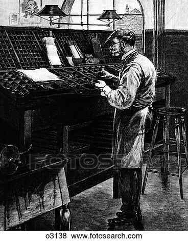 Engraving Of Old Fashioned Typesetter In Apron Wearing Glasses & Visor View Large Photo Image Stock Photo - Engraving Of Old Fashioned Typesetter In Apron Wearing Glasses & Visor . Fotosearch