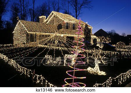 Entire House And Yard Decorated With Christmas Lights View Large Photo Image Stock Photograph - Entire House And Yard Decorated With Christmas Lights . Fotosearch