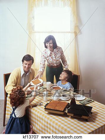 Family Eating Waffles At Breakfast Table Retro 1970 1970S Milk Syrup Coffee View Large Photo Image Stock Photo - Family Eating Waffles At Breakfast Table Retro 1970 1970S Milk Syrup Coffee. Fotosearch