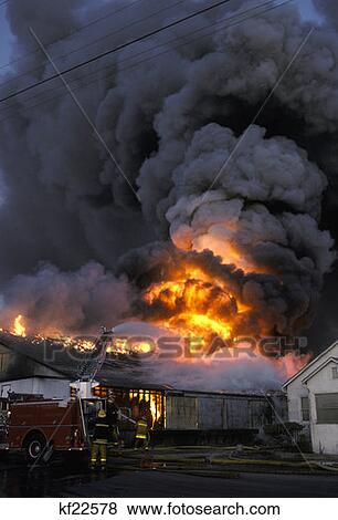 Fire Engine Extinguishing Fire View Large Photo Image Stock Photo - Fire Engine Extinguishing Fire . Fotosearch