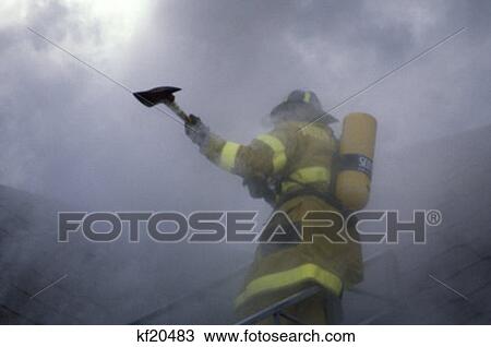 Fireman With Fire Ax Working In Dense Smoke Standing On Ladder At A House Fire View Large Photo Image Stock Image - Fireman With Fire Ax Working In Dense Smoke Standing On Ladder At A House Fire . Fotosearch