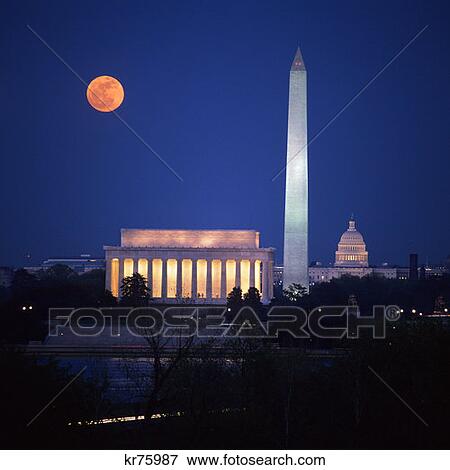 Full Moon Rising Over Lincoln Memorial/ Washington Monument/U. S. Capitol Bldg. From Iwo Jima Memorial, Arlington, Va View Large Photo Image Stock Photo - Full Moon Rising Over Lincoln Memorial/ Washington Monument/U. S. Capitol Bldg. From Iwo Jima Memorial, Arlington, Va. Fotosearch
