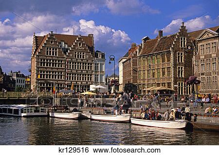 Ghent Belgium Graslei Street Boats On Canal  View Large Photo Image Stock Photograph - Ghent Belgium Graslei Street Boats On Canal . Fotosearch