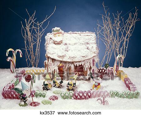 Stock Photo - Gingerbread House Made Of Candy Gnomes Winter Snow Candycanes. Fotosearch
