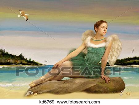Girl Wearing Green Ballet Costume With Angel Wings Posing On Rock On Seashore Paitned Background View Large Photo Image Stock Photo - Girl Wearing Green Ballet Costume With Angel Wings Posing On Rock On Seashore Paitned Background . Fotosearch