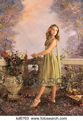 Girl Wearing Green Ballet Dress Costume With Flower In Hair Posing By Ballustrade In Garden Painted Background View Large Photo Image Stock Image - Girl Wearing Green Ballet Dress Costume With Flower In Hair Posing By Ballustrade In Garden Painted Background . Fotosearch
