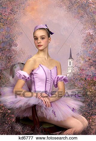 Stock Photo - Girl Wearing Lavender Ballet Costume Sitting On Chair In Garden Painted Background . Fotosearch
