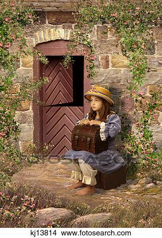 Girl Wearing Old Fashioned Blue Dress Bloomers And Straw Hat Barefoot Holding Trunk Suitcase Sitting On Doorstep View Large Photo Image Picture - Girl Wearing Old Fashioned Blue Dress Bloomers And Straw Hat Barefoot Holding Trunk Suitcase Sitting On Doorstep . Fotosearch
