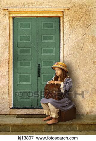 Girl Wearing Old Fashioned Blue Dress Bloomers And Straw Hat Barefoot Holding Trunk Suitcase Sitting On Doorstep View Large Photo Image Stock Photo - Girl Wearing Old Fashioned Blue Dress Bloomers And Straw Hat Barefoot Holding Trunk Suitcase Sitting On Doorstep . Fotosearch