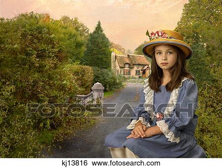 Girl Wearing Old Fashioned Blue Dress And Straw Hat With Flowers Sitting Near Cottage Road And Garden View Large Photo Image Stock Photograph - Girl Wearing Old Fashioned Blue Dress And Straw Hat With Flowers Sitting Near Cottage Road And Garden . Fotosearch