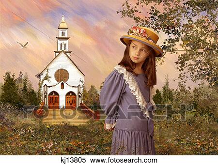 Girl Wearing Old Fashioned Blue Dress And Straw Hat With Flowers Standing Near Church And Garden Painted Background View Large Photo Image Stock Photography - Girl Wearing Old Fashioned Blue Dress And Straw Hat With Flowers Standing Near Church And Garden Painted Background . Fotosearch