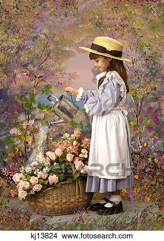 Girl Wearing Old Fashioned Blue Gingham Dress With Apron And Straw Hat Watering Basket Of Flowers In Garden View Large Photo Image Picture - Girl Wearing Old Fashioned Blue Gingham Dress With Apron And Straw Hat Watering Basket Of Flowers In Garden . Fotosearch