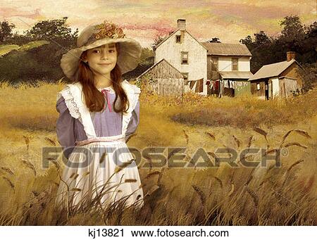Girl Wearing Old Fashioned Blue Gingham Dress With Apron And Straw Hat With Flowers Standing In Wheat Field View Large Photo Image Stock Image - Girl Wearing Old Fashioned Blue Gingham Dress With Apron And Straw Hat With Flowers Standing In Wheat Field . Fotosearch
